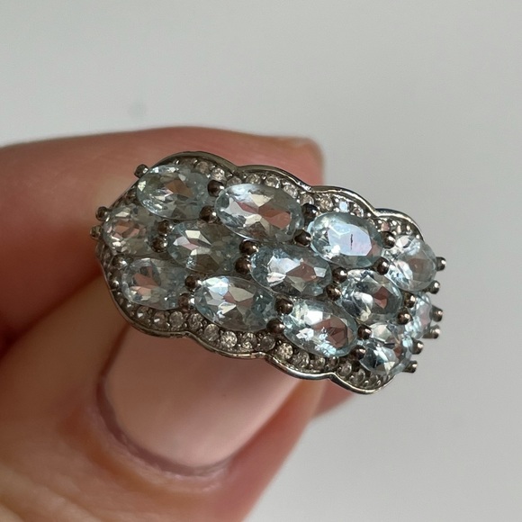 Aquamarine and Diamond Cluster Ring Silver 9 - Picture 2 of 4